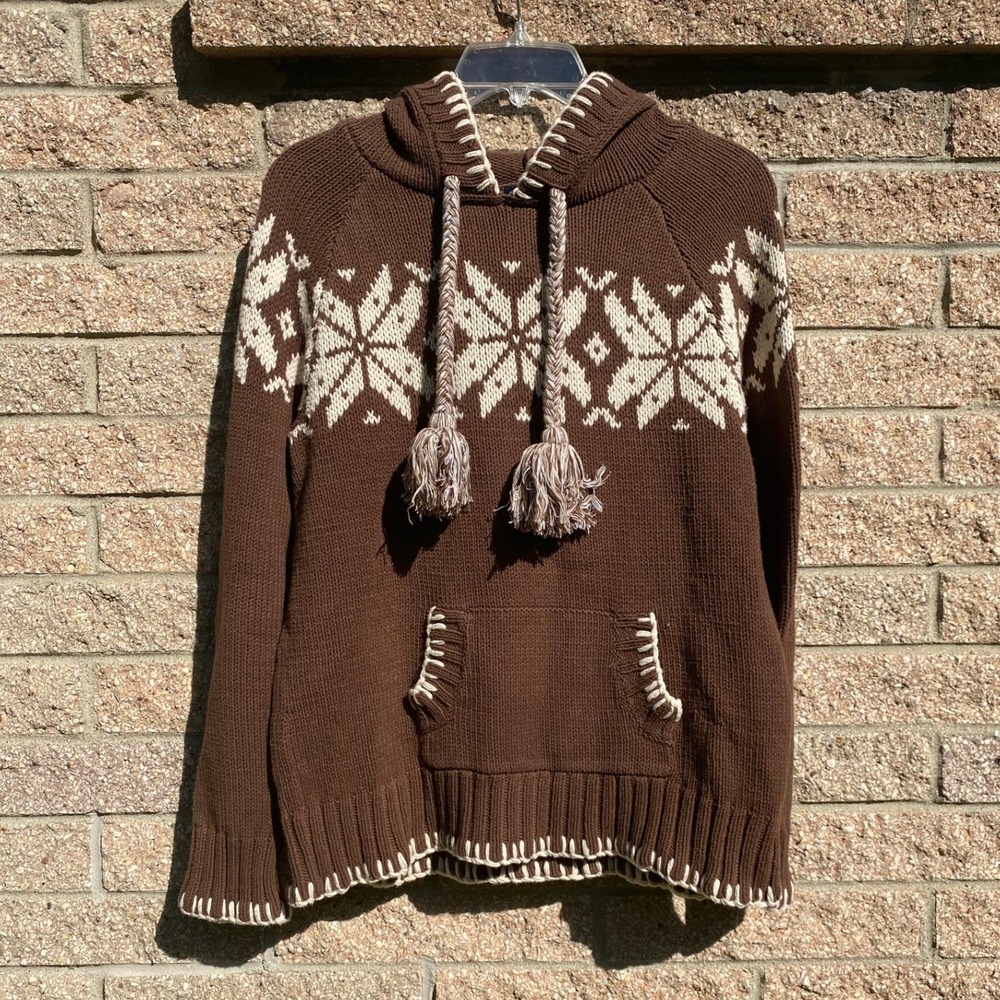 Vintage Y2K Fair Isle Snowflake Knit Brown Hoodie Sweater Tassels Large Cabin